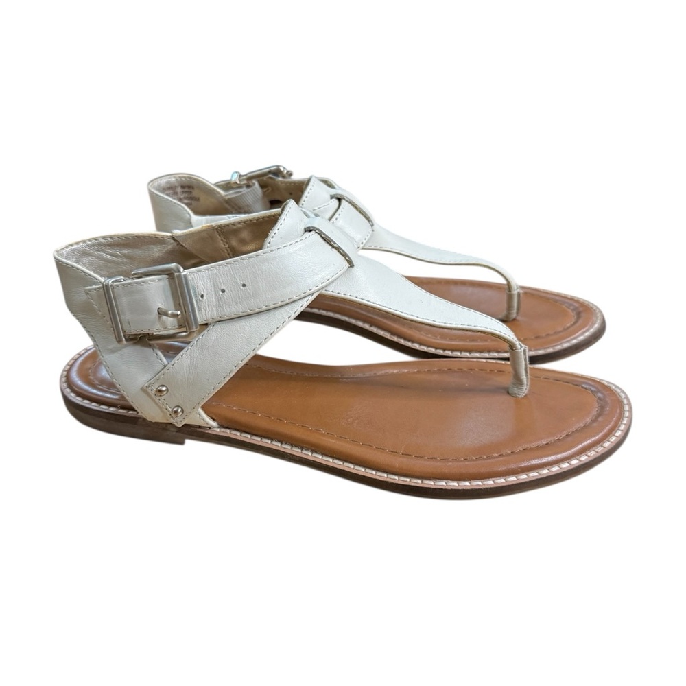 Crown Vintage Beige Off White Leather Sandals Paxley Silvertone Hardware Size 6 - Picture 3 of 7